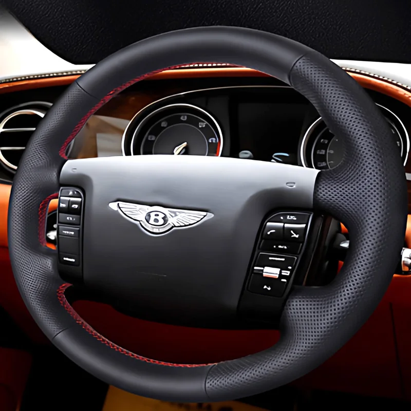 For Bentley Flying Spur 2005 2006 2007 DIY Black Leather Non-slip Car Steering Wheel Cover Braid Red Stitching Interior
