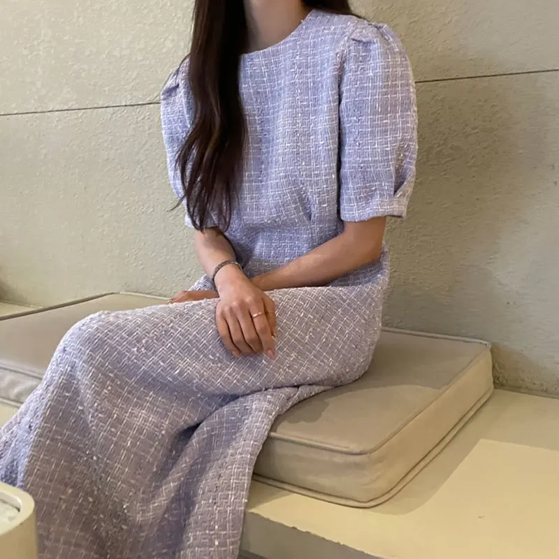 Chic Summer Slim Fit Plaid Woolen Dress round Neck Pleated Waist Bubble Sleeve High Waist Commute Sle Korean Version mid Le...