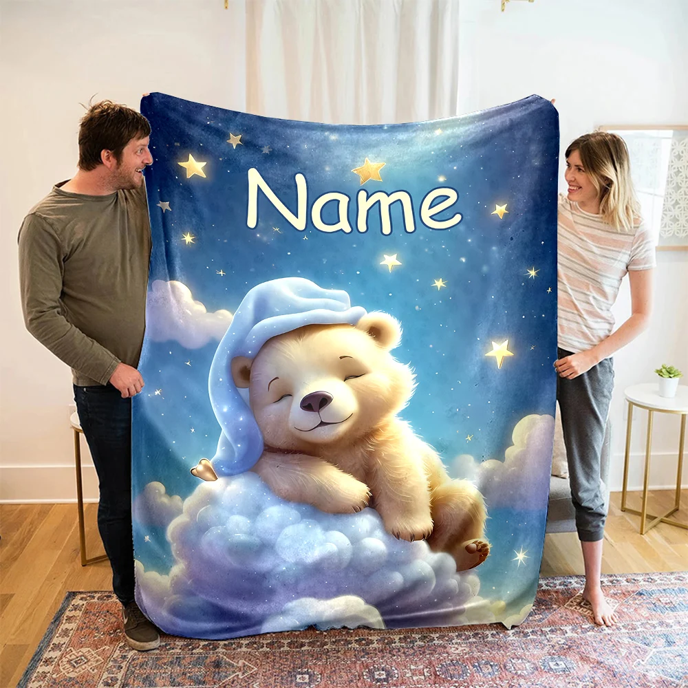 Customized Name Personalized Blanket Bear Pattern Text Children Warm Soft Blankets Home Travel and Comfortable Blanket