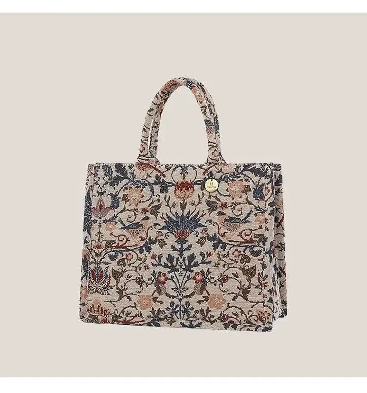 

Retro Flower Embroidery Tote Bag Women Canvas Large Capacity Square Shoulder Bags Ladies Fashion Commuter Harajuku Handbag 2025