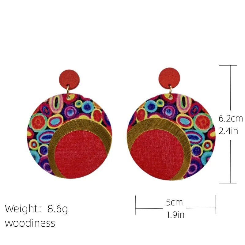 New Bohemian Earrings Wooden Color Contrast Printing Round Color Large Earrings Vintage Ethnic Style Ear Rings Gift Wholesale