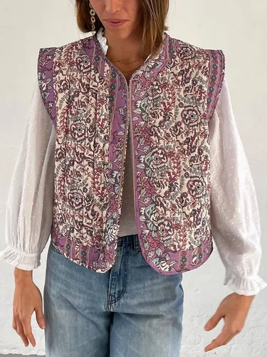 Chaleco acolchado con estampado Floral para mujer, ropa de calle holgada sin mangas con frente abierto, Tops de estilo nacional retro para mujer, prendas de vestir para niñas