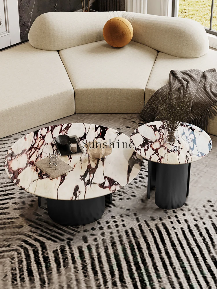 طاولة قهوة مستديرة من الرخام الإيطالي البسيط، شقة صغيرة منزلية فاخرة وخفيفة الوزن