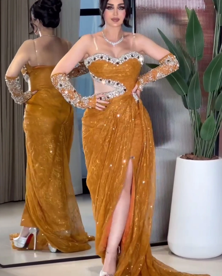 

Customized Mermaid Lace Crystal Prom Dresses Long for Arabic Women 2025 Beads Ruched Side Slit Formal Evening Gowns