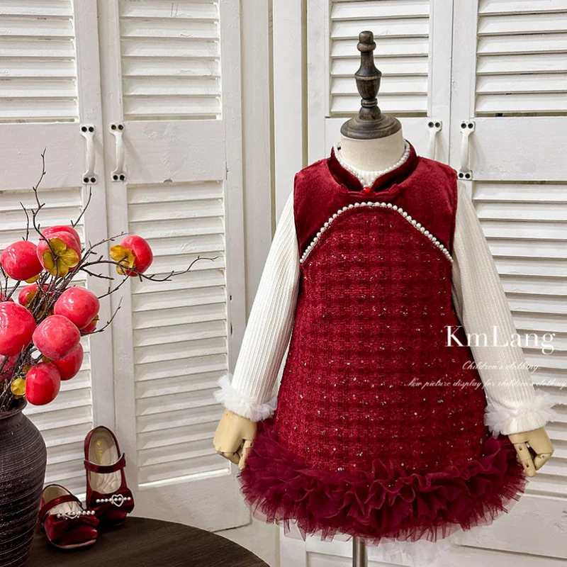

Girls' Quilted Dress2025New Children's Cheongsam Dress Improved Chinese Style Mesh SplicingtutuSkirt New Year Outfit