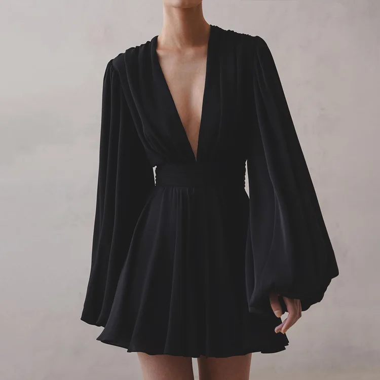 2024 Spring Women's French Bubble Sleeves High V-Neck Sexy Waist Black Short Dress