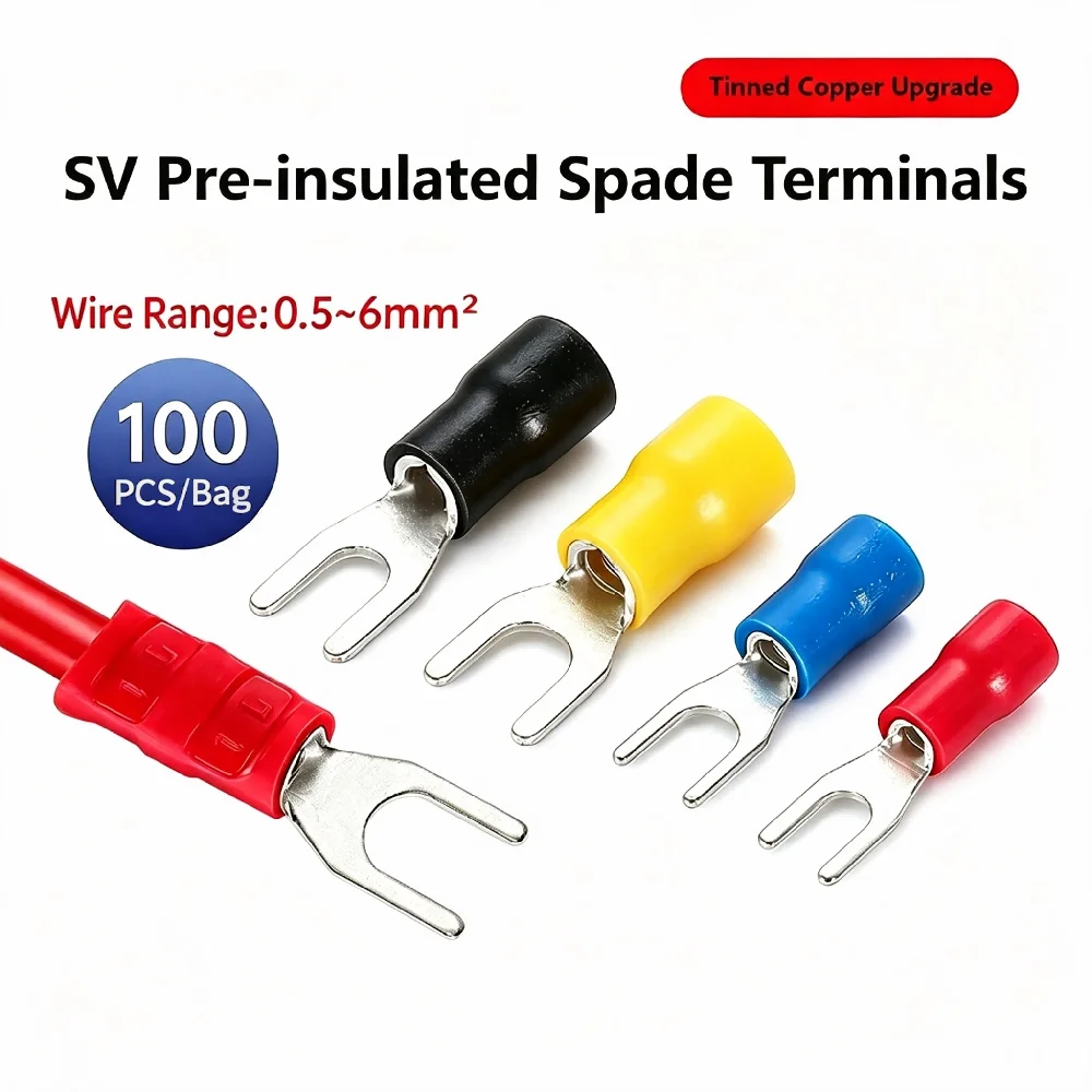 100PCS SV Fork Wire Crimp Terminal  PVC Flame Resistant Insulated Copper Connector Multi Size 0.5-6mm² for Cabint Equipment