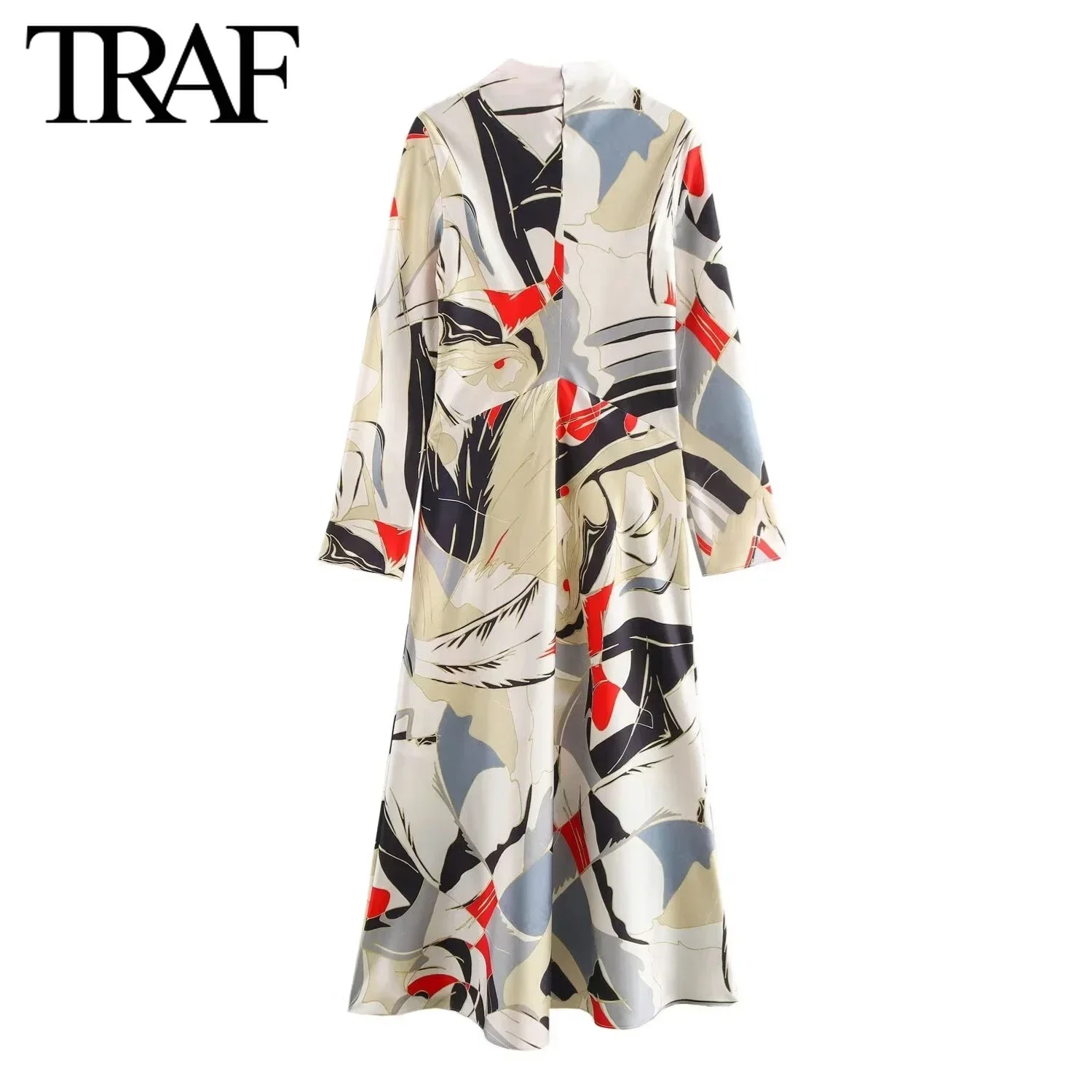 TRAF Women Fashion Spring Autumn New Satin Texture Printed Long Sleeve O-neck Vintage Midi Dress France Female Evening Dresses