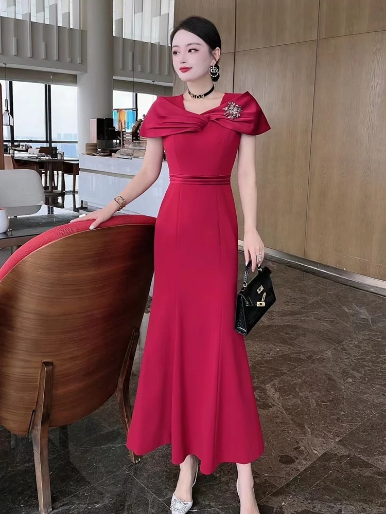 

Элегантное женское платье цвета красного вина с завышенной талией, фасон «рыбий хвост», для свадьбы, вечеринки, официальных мероприятий, высококачественный полиэстер.