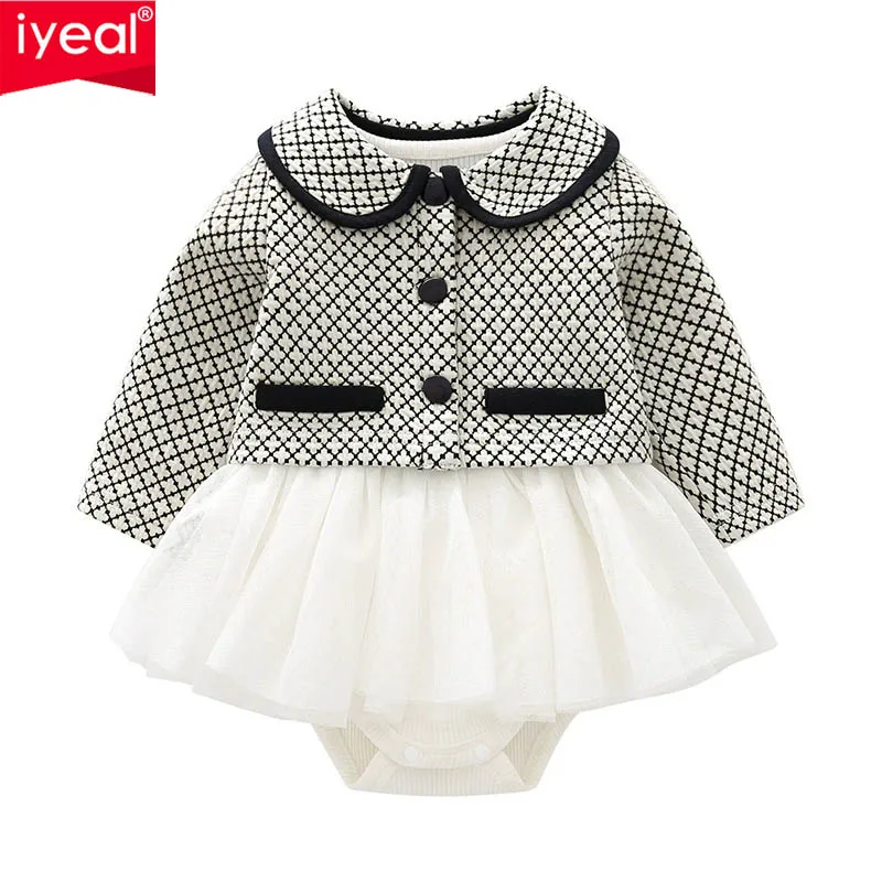 IYEAL Brand Baby Girls Bodysuit Dresses Suit Cotton Newborn Clothing Long-Sleeved Coat+ Dress 2 PCS Infant Clothes Set