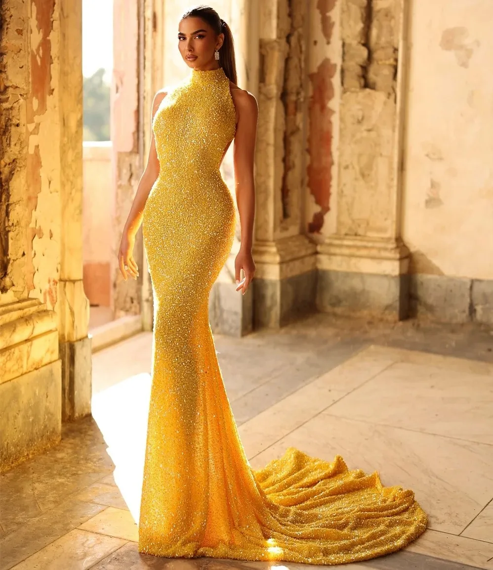 

Sexy Gold Long Prom Party Dress Beaded Sequined High Neck Backless Mermaid Evening Formal Gowns Nightclub Dresses Abendkleider