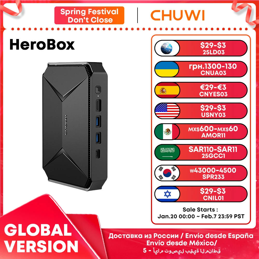 Mini PC CHUWI HeroBox Intel Celeron N100 Quad-core CPU Windows 11 OS 8GB LPDDR4 256GB SSD Dual Band Wifi Desktop Computer