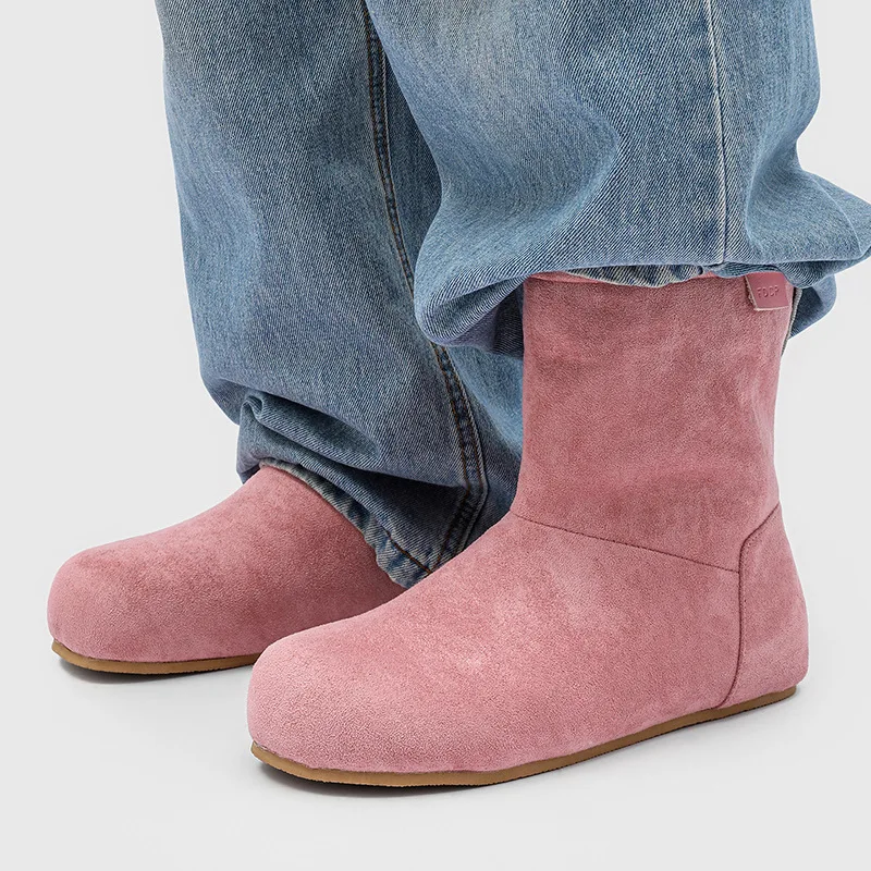 New Men's Suede Ankle Boots With Faux Fur Lining Warm Winter Slip On Booties Soft Sole Comfortable Casual Women Flats Short Boot