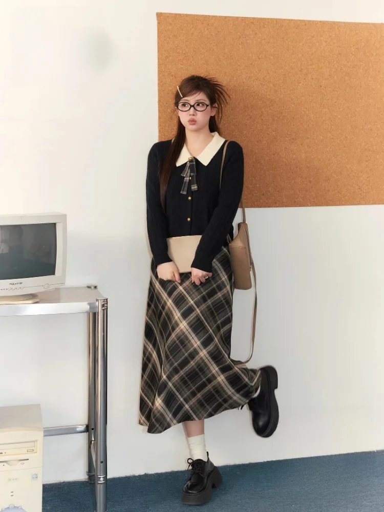 

Утягивающий клетчатый комплект для колледжа, осень-зима, большие размеры, женская юбка трапециевидной формы с высокой талией, длинный свитер свеча Ne