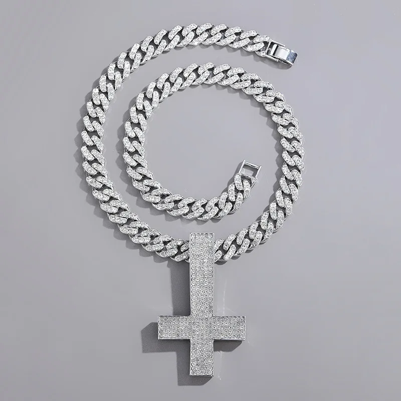 Inverted Cross Iced Out Pendants Necklace for Men With Bling Cuban Chain Hip Hop Jewelry Drop Shipping Gift