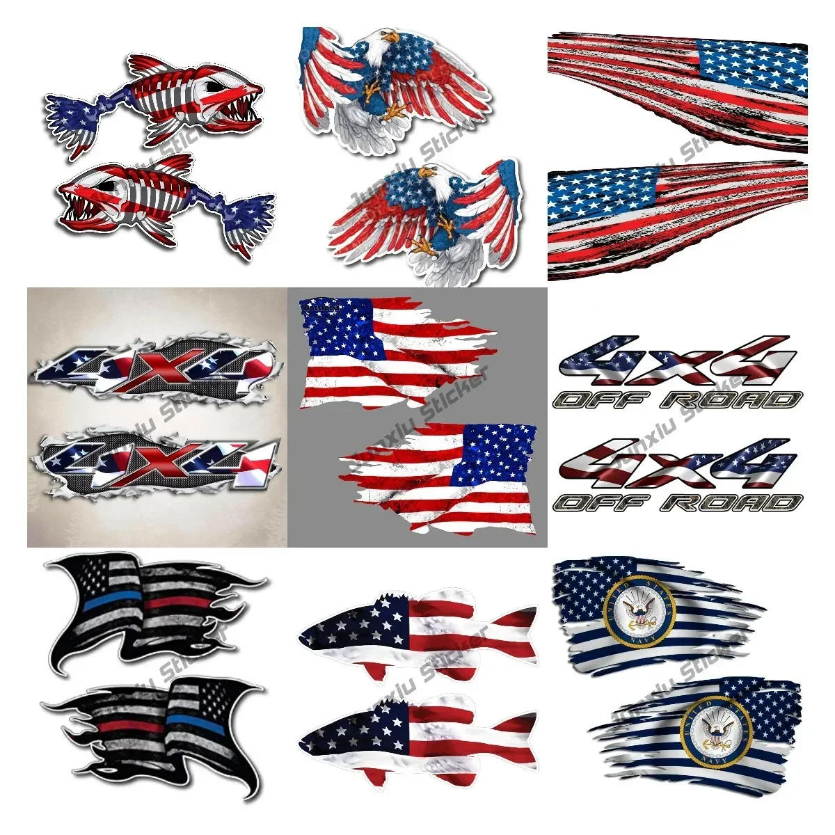 2 Pieces America 4x4 Stars and Stripes Bald Eagle Fish Bone Personality Occlusion Scratch Outdoor Stickers PVC Decal Accessories