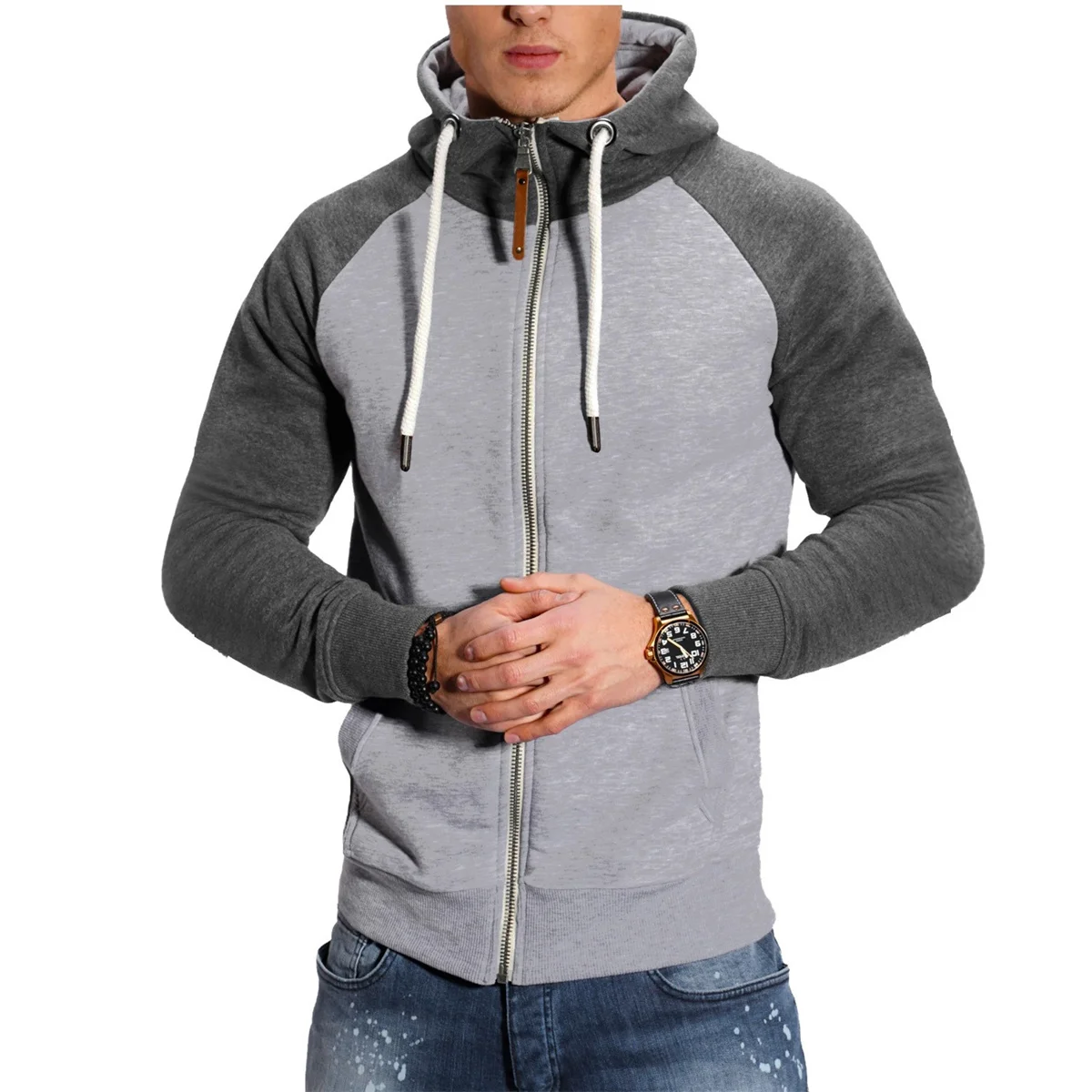 Autumn And Winter Fitness Running Sports Match Color Casual Fashion With Shoulder Sleeve Cardigan Men\'s Hoodie