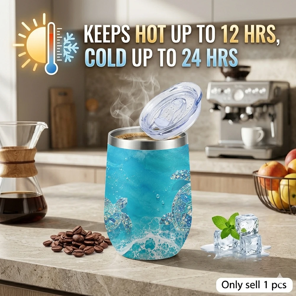 Sea Turtle Ink Glitter Vacuum Flasks 12oz Thermal Wine Tumbler W/ Lid Double Wall Steel Insulated Cup For Sport Drinking Mug