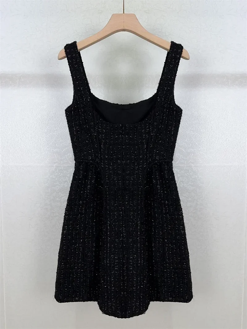 

Women Black Tweed Tank Dress Sleeveless U Neck Backless Temperament 2024 Early Autumn Lady Mini Sling Robe