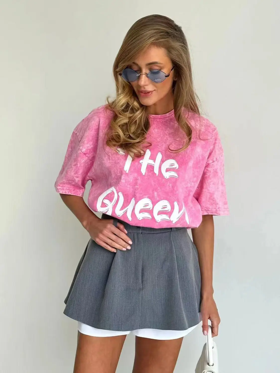 Cotton High Street Personalized Printing T Shirt Pink Gray Vintage Loose Casual Short Sleeve T Shirt Female Top