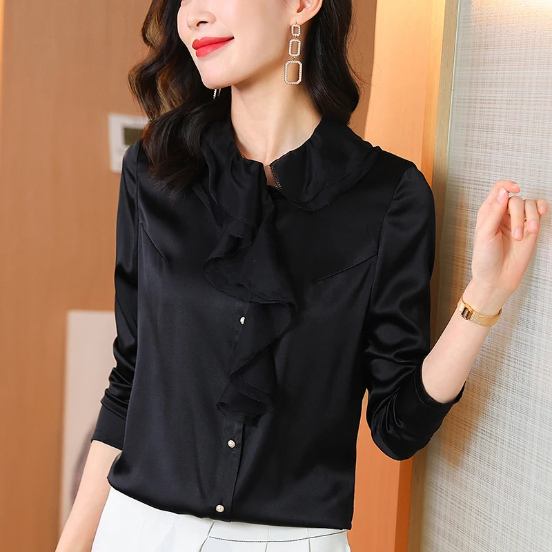 

Elegant Fashion Women's Black Shirt Spring Autumn Turn-down Collar Long Sleeve Woman Shirts Blouses Female Real Silk Blouse Tops