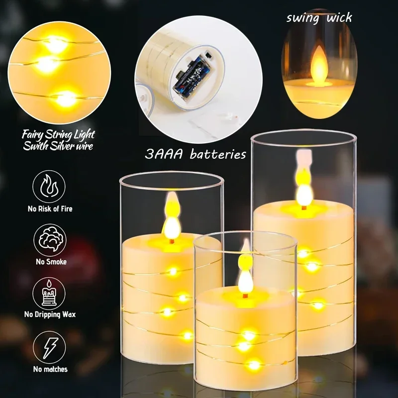 1/3 Pcs LED Flameless Electronic Candle Lights Recessed Flickering String Lamp Clear Acrylic Battery Powered for Christmas Party