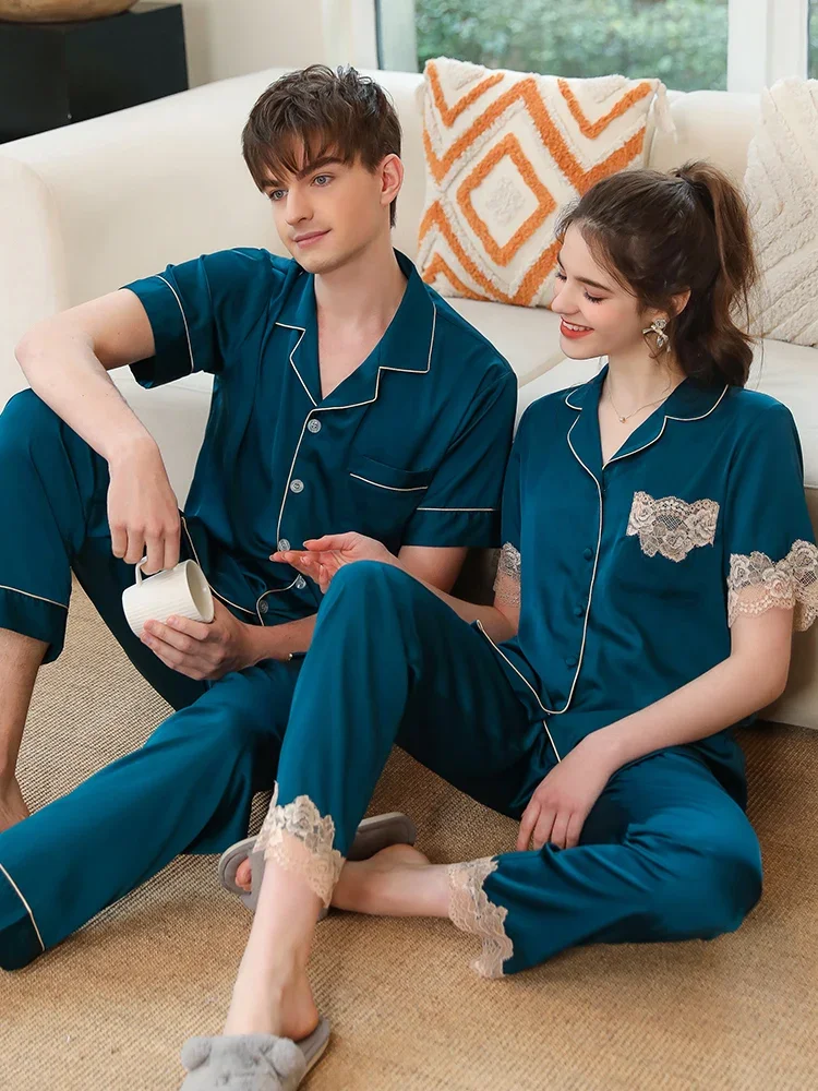 New  Couple's Pajamas Men's Short sleeved Home Clothes  Silk Thin Premium Set