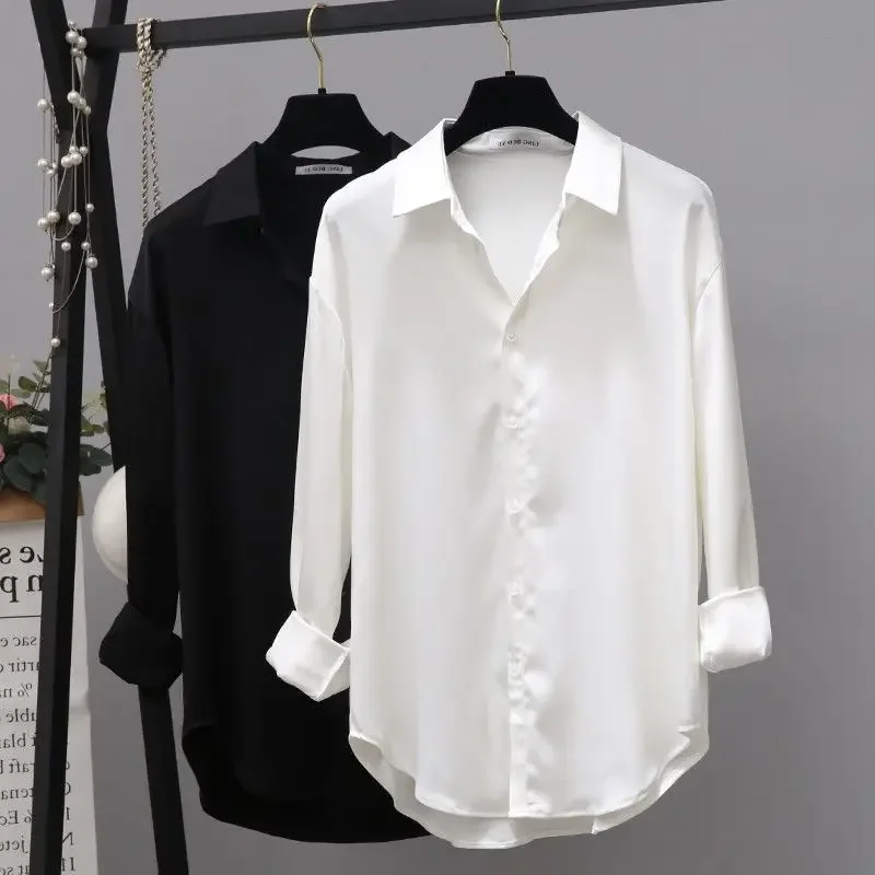 Satin Shirt Faux Silk White Black Blouses Women Long Sleeve Button Up Shirts Solid Color Lapel Spring Fall Loose Tops Blusas