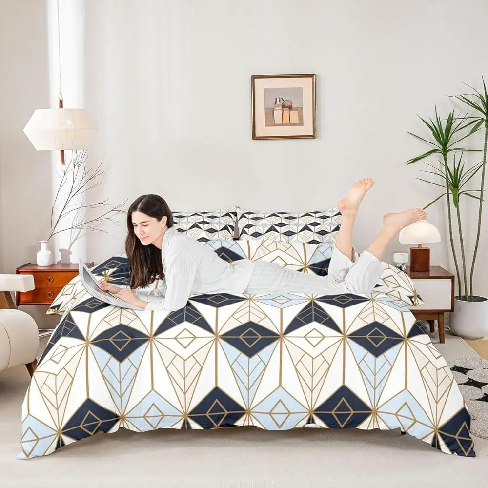 

Пододеяльник Diamond Comforter Cover Queen, белый, бирюзовый, синий, с геометрическим треугольным узором, для мужчин и взрослых, с линиями, мягкий, роскошный, современный, декоративный K