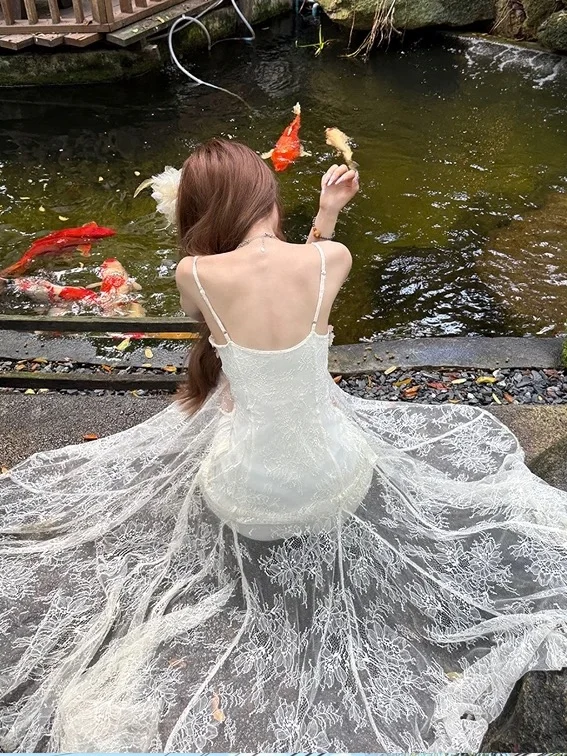 E Vestido Largo sin Tirantes con Escote en V y Bordado de Encaje, Vestido de Verano con Cola de Pez para Vacaciones en...