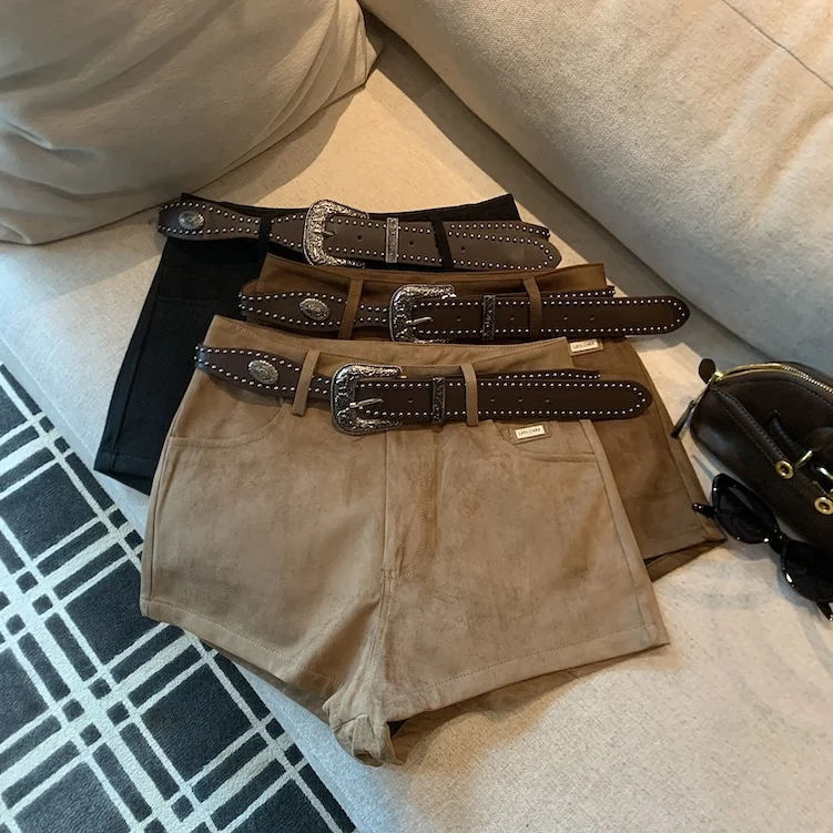 Women's Khaki Suede Shorts Y2k Gyaru High Waist Micro Boot Shorts Retro Elegant Casual Vintage Wide Leg Shorts for Women Summer
