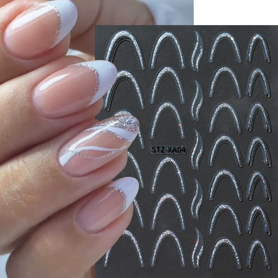 2pcs Glitter French Tips Nail Stickers 3D Silver Sparkly Wave Swirl Curve Stripe Lines Sliders Self-Adhesive Nail Supplies Decor