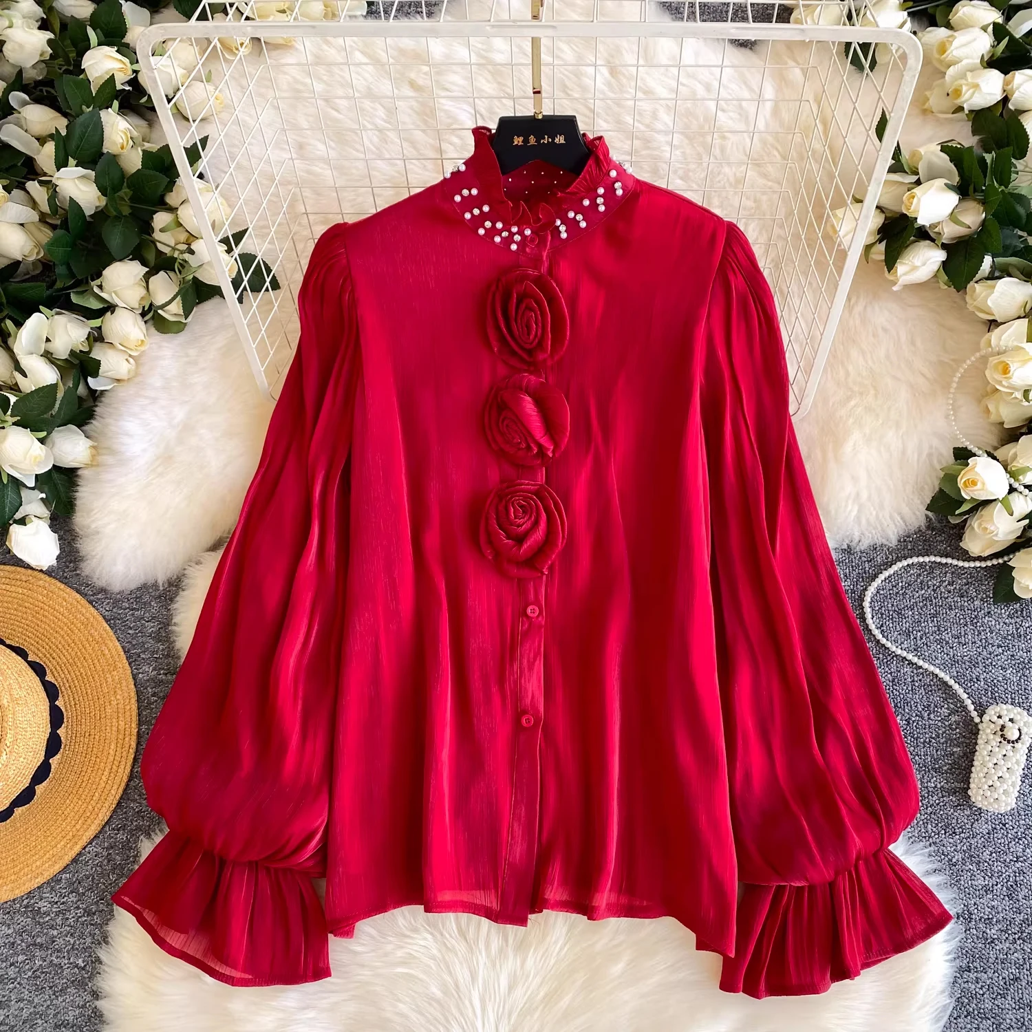 

Женские топы SuperAen в корейском стиле с объемными цветами из бисера и кружевом, свободные дышащие рубашки с длинными рукавами