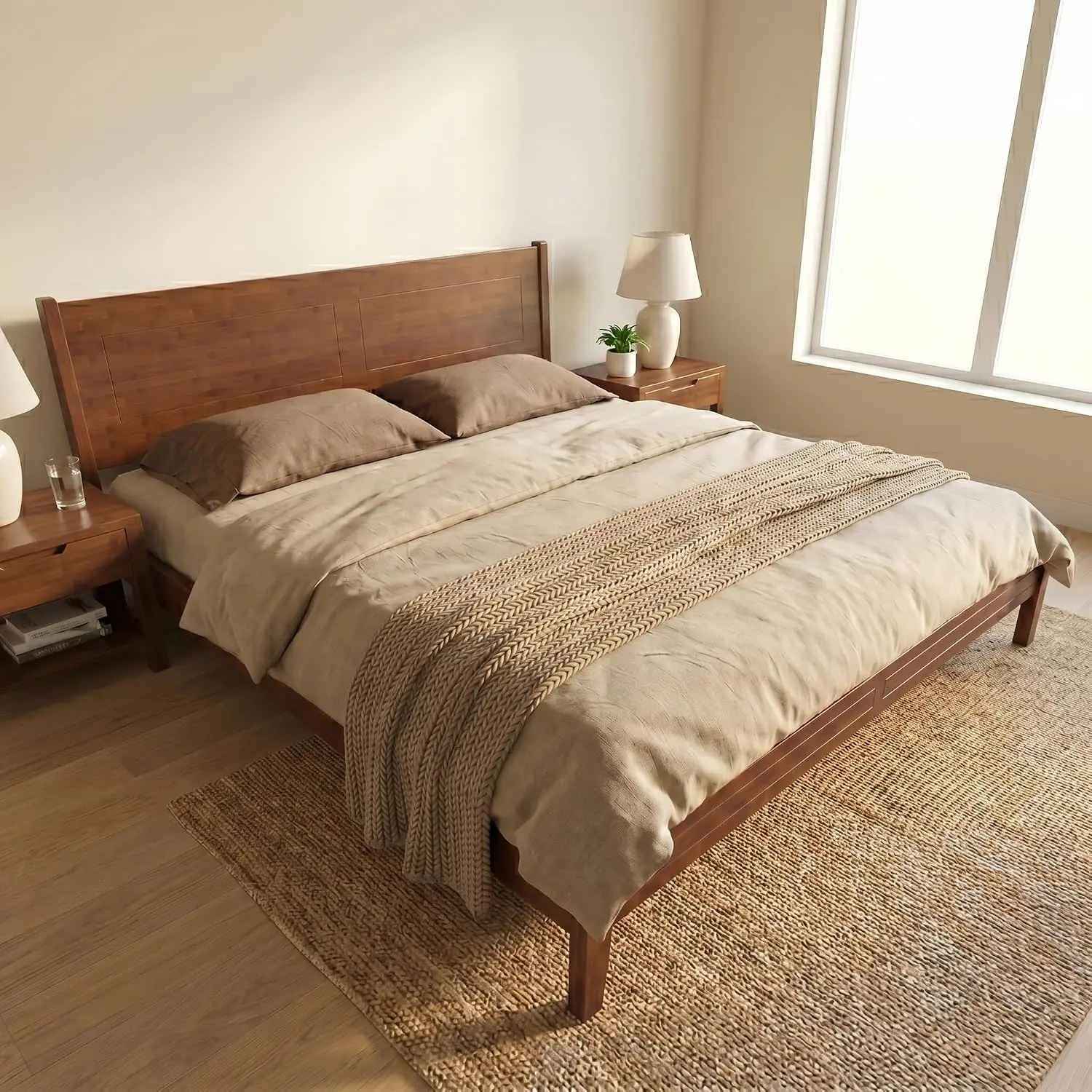 Queen Size Bamboo Platform Bed Frame with Tall Headboard, Customized