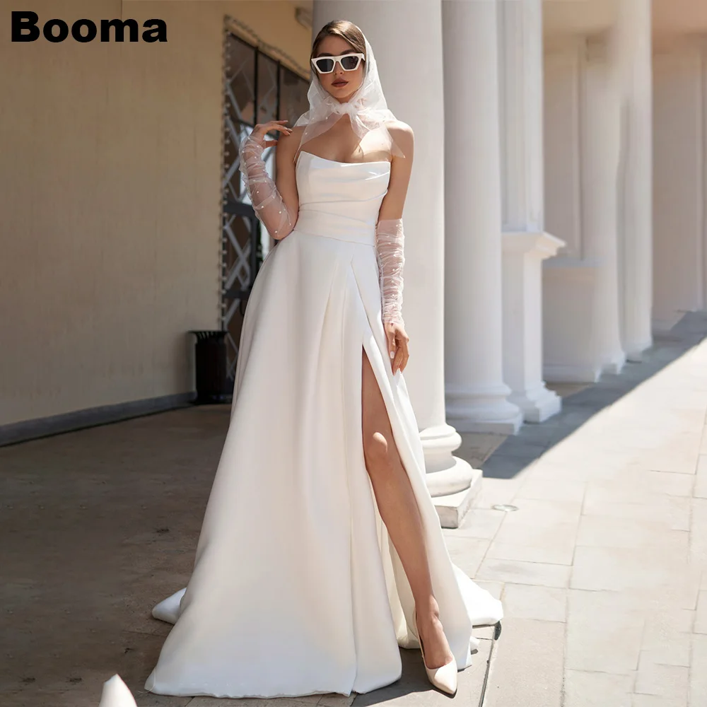 

Booma A Line Stain Wedding Party Dresses Strapless Leg Slit Bridals Gowns Floor Length Elegant Bride Dresses for Women 2023