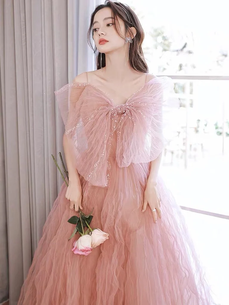 2024 Gently Pink Evening Dress Pleat Tulle Spaghetti Strap Bow Crystal Beading Slim Retro Lace Up Woman Weeding Party Prom Gown