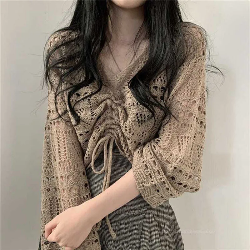 Lucyever Vintage Thin Hollow Out Sweater Women 2024 Spring Summer New French Knit Pullover Female Shawl Sun Protection Short Top