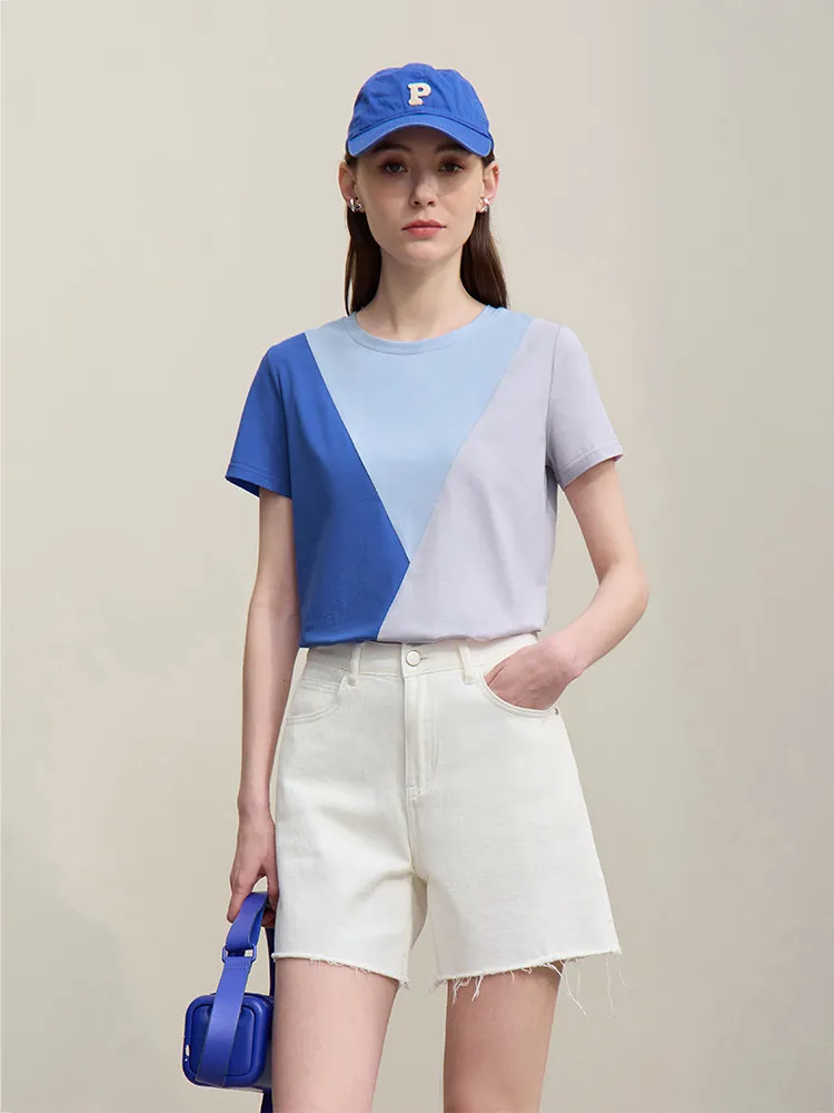 Camiseta Feminina Amii O-Neck 2026 Nova Coleção Verão Algodão Elástico Color Block Versátil Casual Manga Curta Reta 12622177