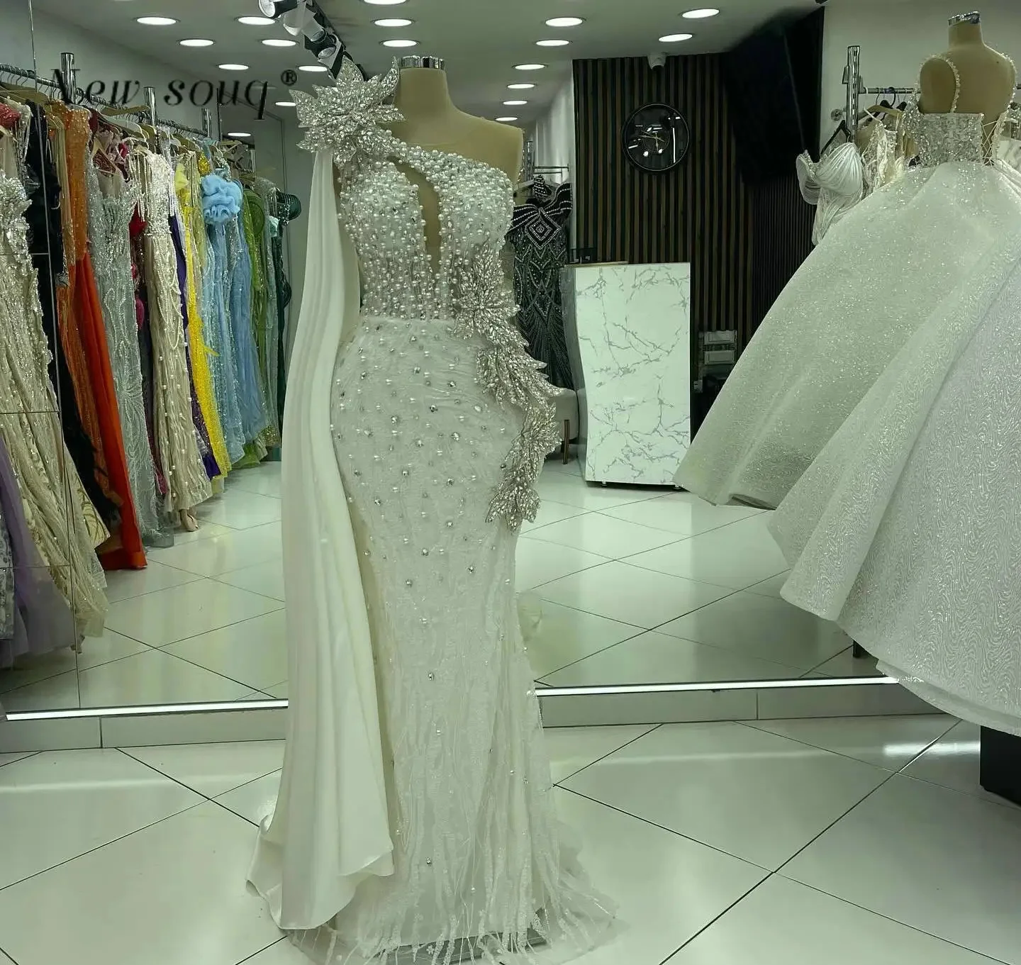 

Off White Long Mermaid Evening Dresses with One Shoulder Cape Sparkle Crystals Pearls Beaded Wedding Dinner Gowns Customized