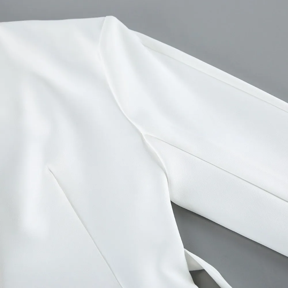 White Women V Neck Blazer V Neck Waist Tie Mid‑Length Blazer Mid Length Single Button Ladies Waist Tie Suit Jacket