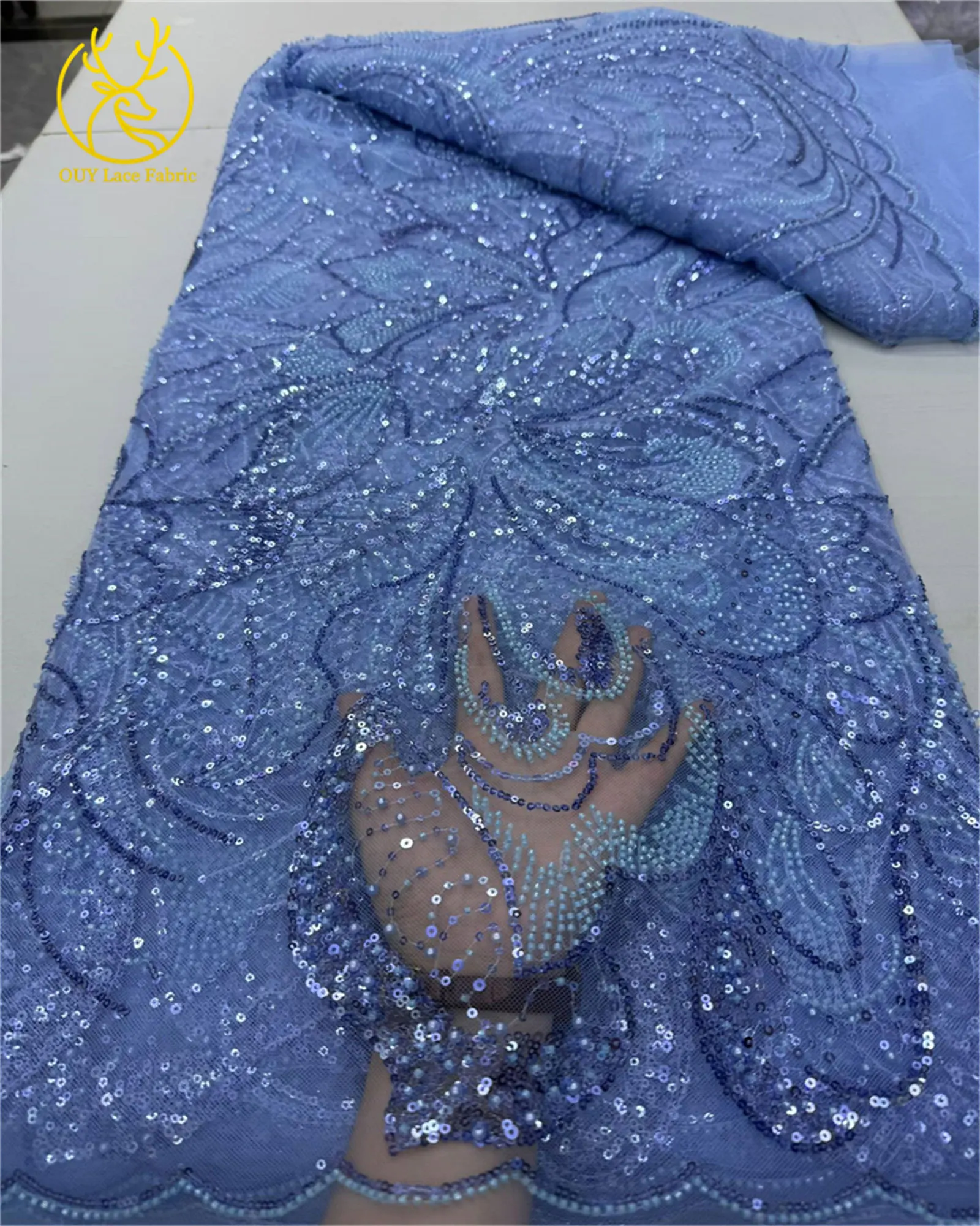Wholesale Hot Selling African Beaded Lace Fabric 2025 High Quality Green French Nigerian Sequin Lace Fabric for Wedding Dress - Image 2