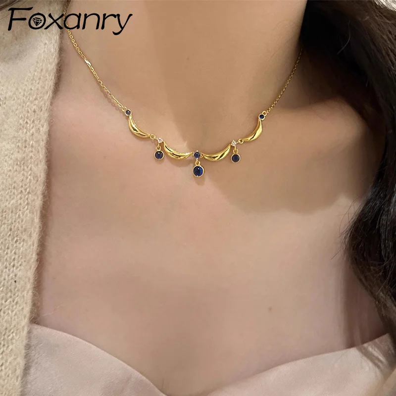 Foxanry Gold Color Blue Zircon Necklaces For Women Girls Vintage Elegant Exquisite Sweet Clavicle Chain Anniversary Jewelry Gift