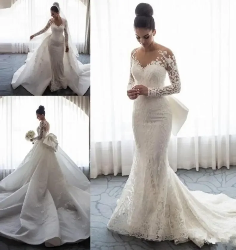 

Customized New Mermaid Custom Made Wedding Dresses Long Sleeves Sheer Neck Illusion Lace Applique