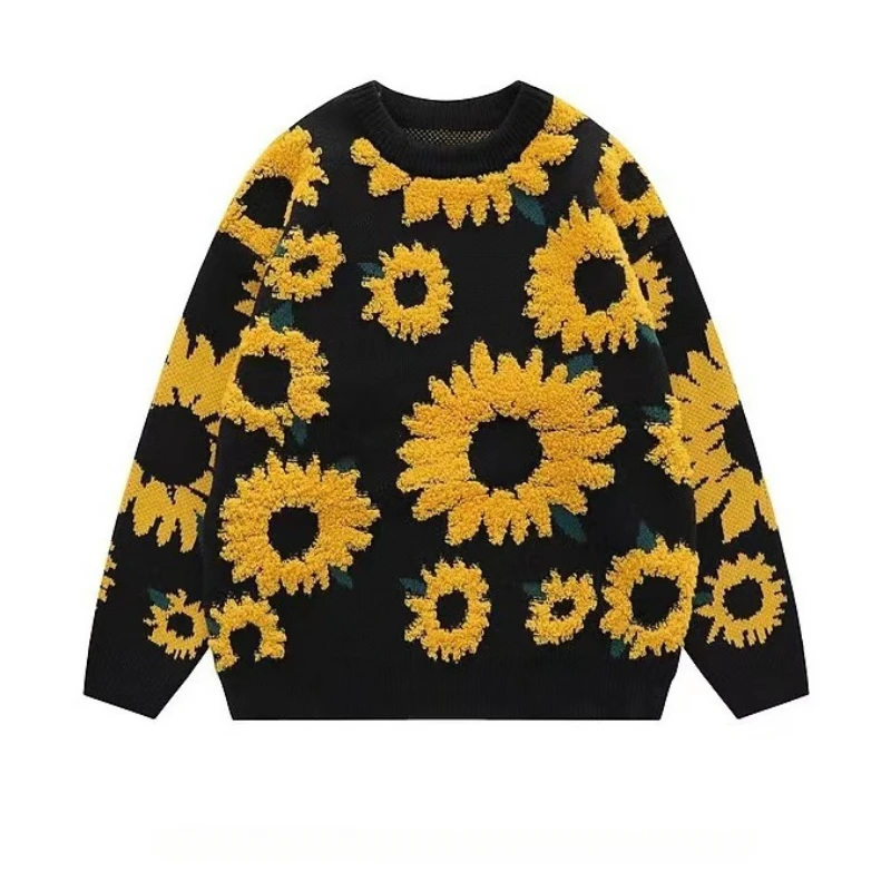 Autumn Winter Japanese Retro Sunflower Flocking Lazy Knitwears Sweater for Men and Women Couple Long Sleeve Knitted Pullovers