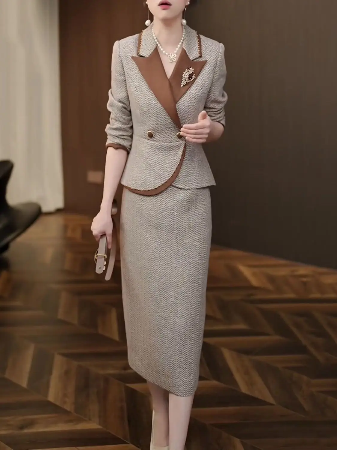 Autumn and winter new fashionable suit top+dress high-end elegant slim fit temperament goddess two-piece set