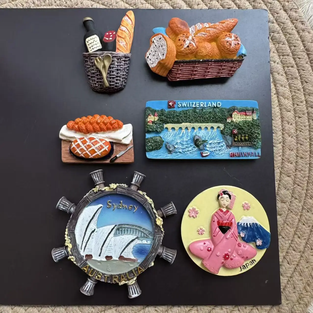 1 Stück Weltreise-Kühlschrankmagnet Schweiz Australien Japan Brot Bunter 3D-Harz-Souvenir für Kühlschrank Heimdekoration