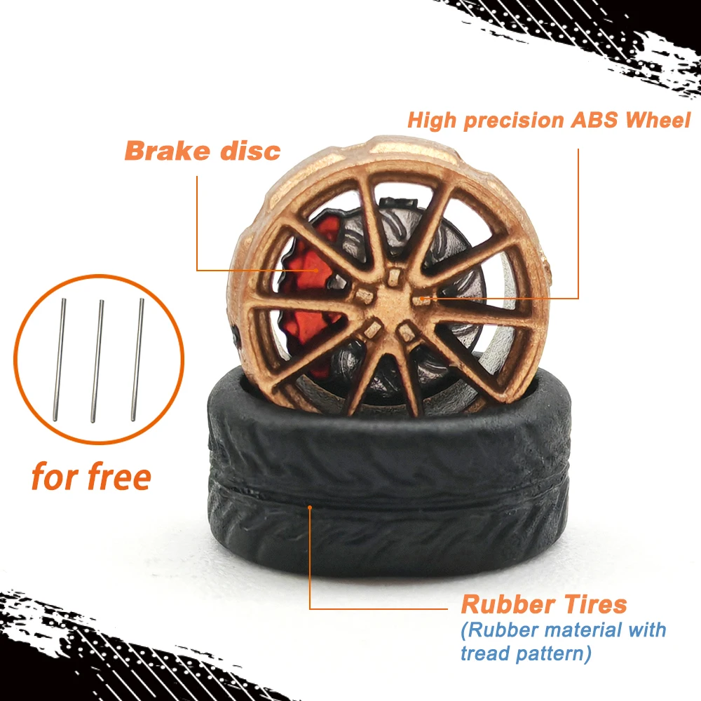 1/64 Model Car ABS 8 Sets Wheels with 2 Sets Rubber Tires Model Brake Disc Diameter 10mm Upgrade Refitting Parts for Tomica