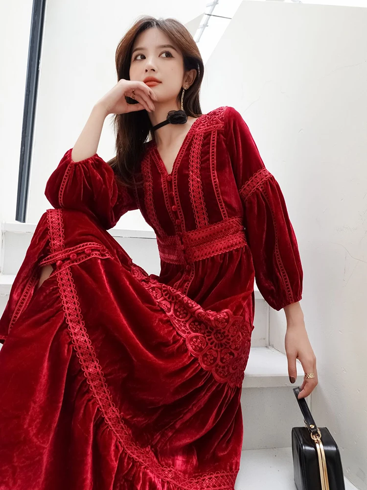 knee length dresses for ladies Lace Patchwork Velvet Women Midi Dress – GOELIA main image 1
