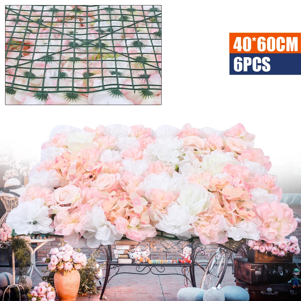 6Pcs Artificial Flower Wall Panel Silk Fabric and Plastic Flower Walls Pinhole Locking for Wedding Party Decor