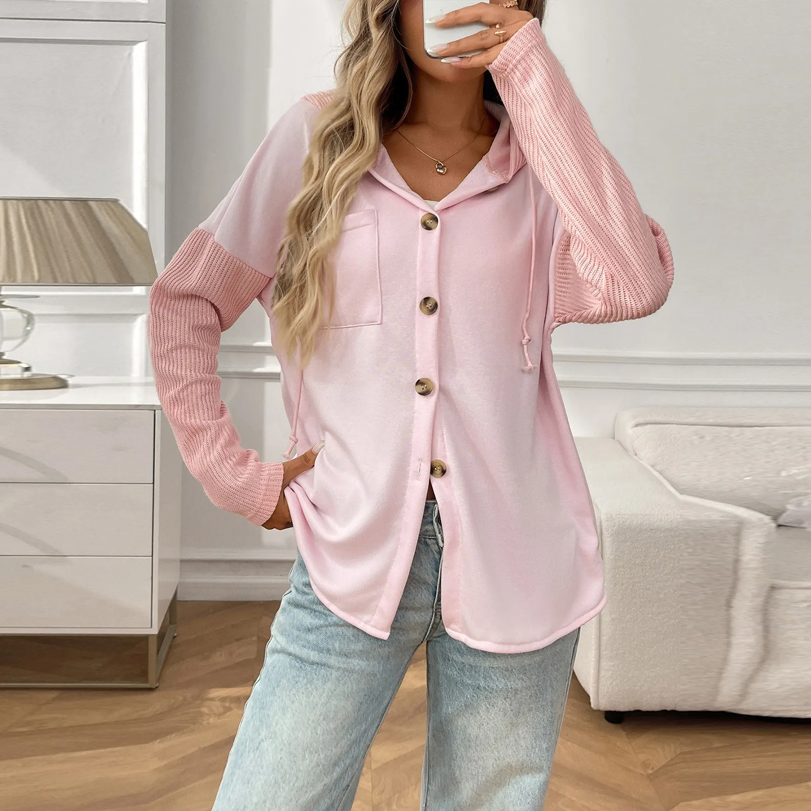 

New Autumn Women's Casual Splicing Long Sleeve Cardigan Hooded Sweatshirt With Pockets Single Breasted Loose Hooded Jacket